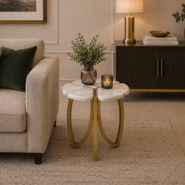 The Attic Roselle End Table,  End Table for Living Room,  Metal & marble Unique Design, Gold & White Finish