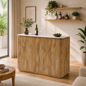 The Attic Jalsa Bar Cabinet, Hard and Soft Drinks Bar Storage Cabinet, Wine Wisky Scotch, Round Bar for Home, Natural Finish