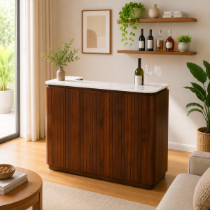 The Attic Jalsa Bar Cabinet, Hard and Soft Drinks Bar Storage Cabinet, Wine Wisky Scotch, Round Bar for Home, Teak Finish