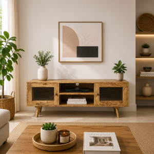 The Attic Janah TV Cabinet, Solid Wood Sideboard TV Cabinet for Living Room,  Wooden Free Standing TV Unit Side Board Table with Storage, Natural Matte Finish Glass