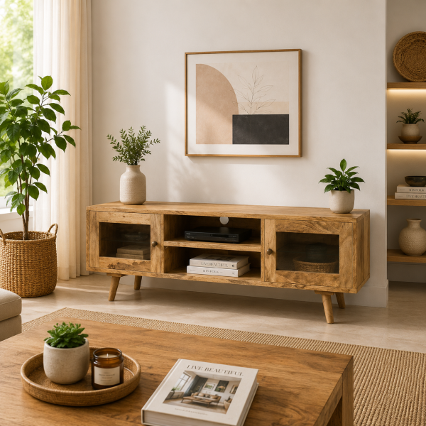 ChatGPT Image Jul 2, 2026, 09_51_42 AM The Attic Janah TV Cabinet, Solid Wood Sideboard TV Cabinet for Living Room, Wooden Free Standing TV Unit Side Board Table with Storage, Natural Matte Finish Glass