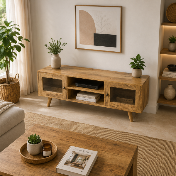 ChatGPT Image Jul 2, 2026, 09_58_22 AM The Attic Janah TV Cabinet, Solid Wood Sideboard TV Cabinet for Living Room, Wooden Free Standing TV Unit Side Board Table with Storage, Natural Matte Finish Glass