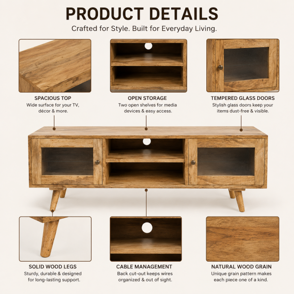 ChatGPT Image Jul 2, 2026, 10_11_44 AM The Attic Janah TV Cabinet, Solid Wood Sideboard TV Cabinet for Living Room, Wooden Free Standing TV Unit Side Board Table with Storage, Natural Matte Finish Glass