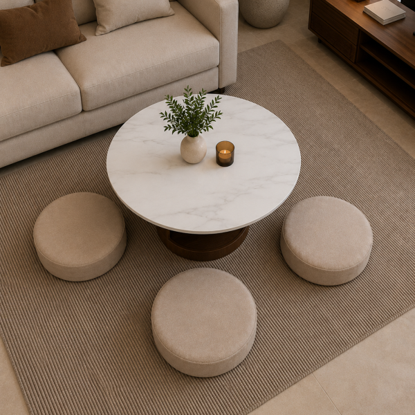 ChatGPT Image Jun 13, 2026, 02_58_20 PM The Attic Baithak Coffee Table, Coffee Table for Living Room, Marble Top, with 3 Integrated Seats, Honey & Beige