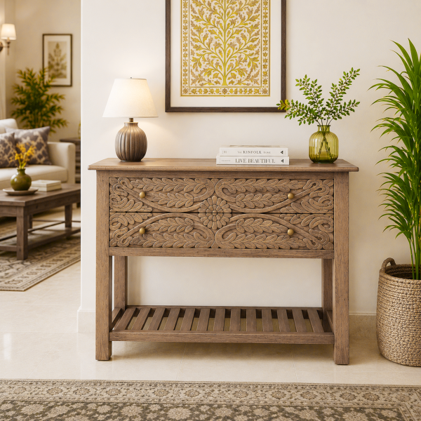 The Attic Jodhpur Console Table, Console Table for Living Room Foyer, Solid Wood Classy Console table, Light Teak Finish