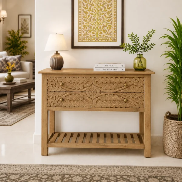 The Attic Jodhpur Console Table, Console Table for Living Room Foyer, Solid Wood Classy Console table, Light Teak Finish