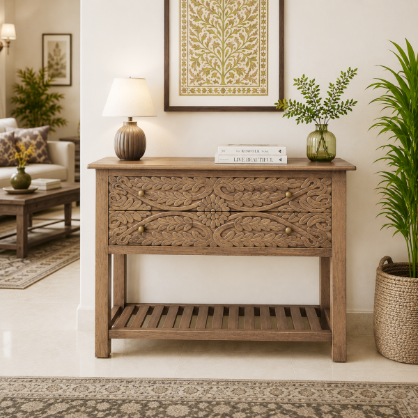 The Attic Jodhpur Console Table, Console Table for Living Room Foyer, Solid Wood Classy Console table, Light Teak Finish