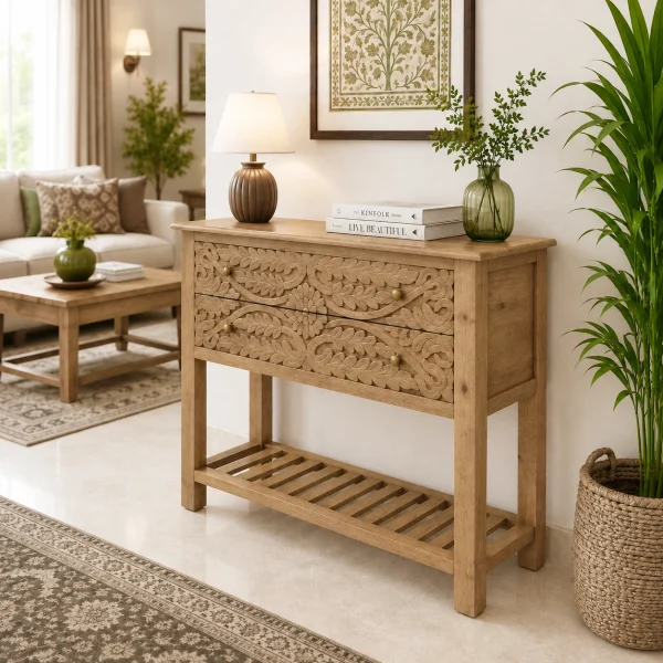 The Attic Jodhpur Console Table, Console Table for Living Room Foyer, Solid Wood Classy Console table, Light Teak Finish