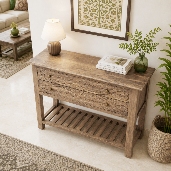 The Attic Jodhpur Console Table, Console Table for Living Room Foyer, Solid Wood Classy Console table, Light Teak Finish