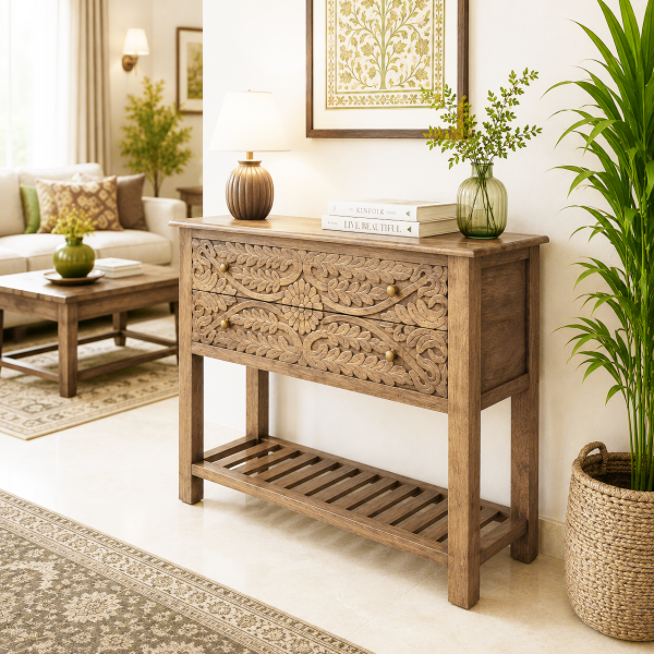 The Attic Jodhpur Console Table, Console Table for Living Room Foyer, Solid Wood Classy Console table, Light Teak Finish