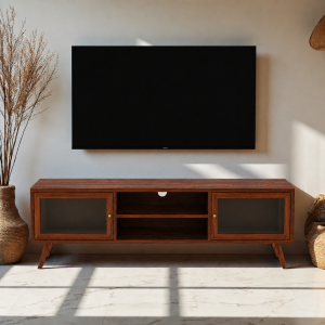 The Attic Janah TV Cabinet, Solid Wood Sideboard TV Cabinet for Living Room,  Wooden Free Standing TV Unit Side Board Table with Storage, Honey Matte Finish Glass