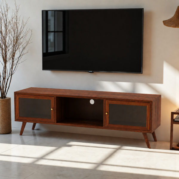 KL-2175HG (2) The Attic Janah TV Cabinet, Solid Wood Sideboard TV Cabinet for Living Room, Wooden Free Standing TV Unit Side Board Table with Storage, Honey Matte Finish Glass