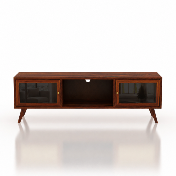KL-2175HG (3) The Attic Janah TV Cabinet, Solid Wood Sideboard TV Cabinet for Living Room, Wooden Free Standing TV Unit Side Board Table with Storage, Honey Matte Finish Glass