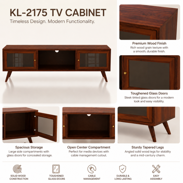 KL-2175HG (4) The Attic Janah TV Cabinet, Solid Wood Sideboard TV Cabinet for Living Room, Wooden Free Standing TV Unit Side Board Table with Storage, Honey Matte Finish Glass
