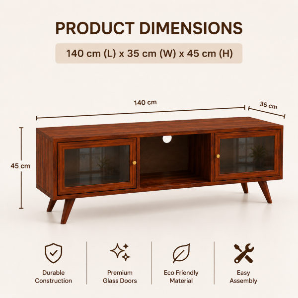 KL-2175HG (6) The Attic Janah TV Cabinet, Solid Wood Sideboard TV Cabinet for Living Room, Wooden Free Standing TV Unit Side Board Table with Storage, Honey Matte Finish Glass