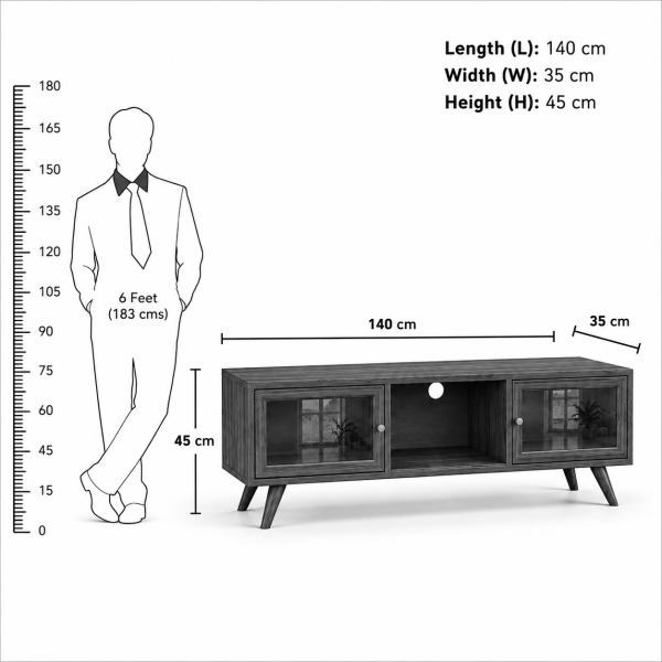 KL-2175HG (7) The Attic Janah TV Cabinet, Solid Wood Sideboard TV Cabinet for Living Room, Wooden Free Standing TV Unit Side Board Table with Storage, Honey Matte Finish Glass
