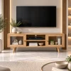 KL-2175NatG (1) The Attic Janah TV Cabinet, Solid Wood Sideboard TV Cabinet for Living Room, Wooden Free Standing TV Unit Side Board Table with Storage, Natural Matte Finish Glass