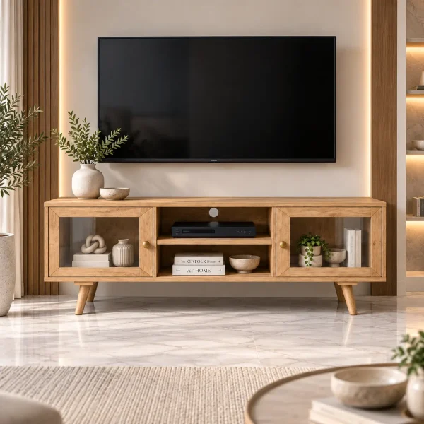 KL-2175NatG (1) The Attic Janah TV Cabinet, Solid Wood Sideboard TV Cabinet for Living Room, Wooden Free Standing TV Unit Side Board Table with Storage, Natural Matte Finish Glass