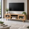 KL-2175NatG (2) The Attic Janah TV Cabinet, Solid Wood Sideboard TV Cabinet for Living Room, Wooden Free Standing TV Unit Side Board Table with Storage, Natural Matte Finish Glass