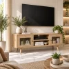 KL-2175NatG (3) The Attic Janah TV Cabinet, Solid Wood Sideboard TV Cabinet for Living Room, Wooden Free Standing TV Unit Side Board Table with Storage, Natural Matte Finish Glass