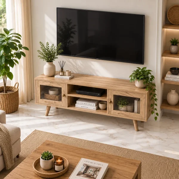 KL-2175NatG (4) The Attic Janah TV Cabinet, Solid Wood Sideboard TV Cabinet for Living Room, Wooden Free Standing TV Unit Side Board Table with Storage, Natural Matte Finish Glass