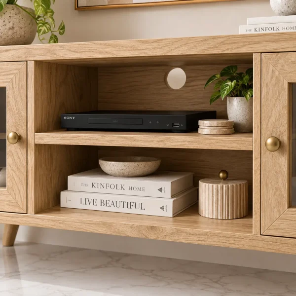 KL-2175NatG (5) The Attic Janah TV Cabinet, Solid Wood Sideboard TV Cabinet for Living Room, Wooden Free Standing TV Unit Side Board Table with Storage, Natural Matte Finish Glass