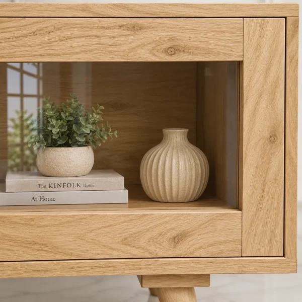KL-2175NatG (7) The Attic Janah TV Cabinet, Solid Wood Sideboard TV Cabinet for Living Room, Wooden Free Standing TV Unit Side Board Table with Storage, Natural Matte Finish Glass