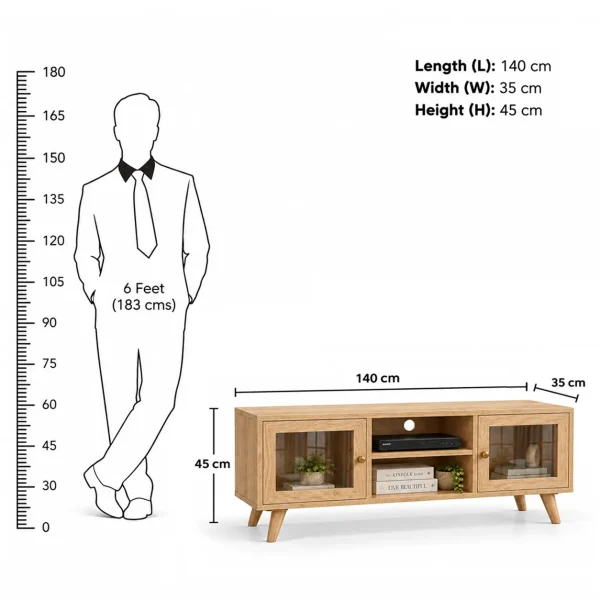KL-2175NatG (8) The Attic Janah TV Cabinet, Solid Wood Sideboard TV Cabinet for Living Room, Wooden Free Standing TV Unit Side Board Table with Storage, Natural Matte Finish Glass