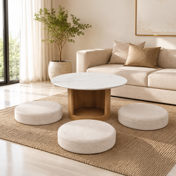 KL-2376 (1) The Attic Baithak Coffee Table, Coffee Table for Living Room, Marble Top, with 3 integrated seats, Natural color