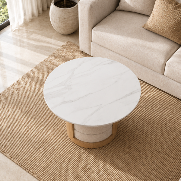 KL-2376 (7) The Attic Baithak Coffee Table, Coffee Table for Living Room, Marble Top, with 3 integrated seats, Natural color