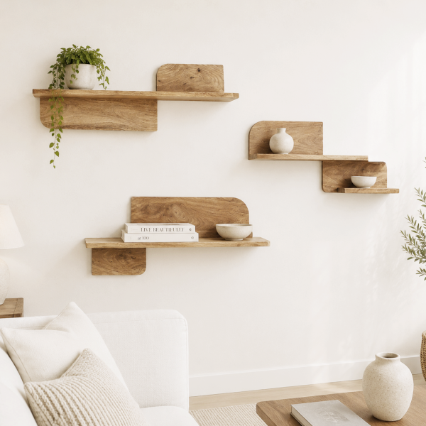 KL-2381Nat (1) The Attic Solid Wood Floating Wall Shelf Set of 3 for Living Room, Bedroom & Office | Wooden Wall Mounted Display Shelves for Plants, Books & Decor | Handcrafted Mango Wood, Natural Finish