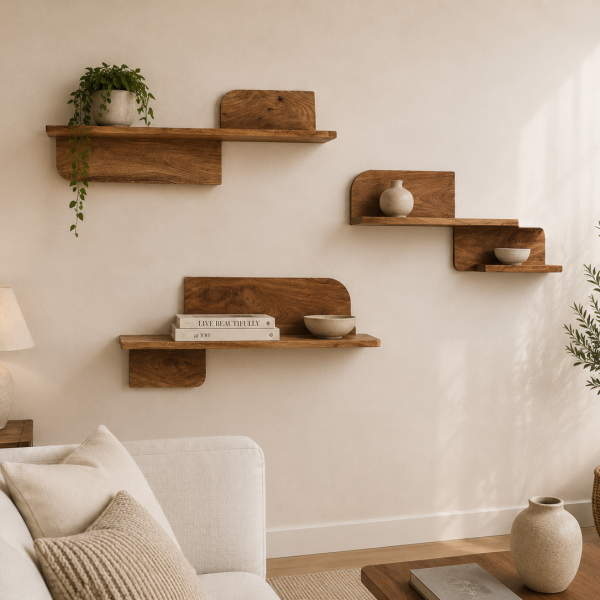 KL-2381S (1) The Attic Solid Wood Floating Wall Shelf Set of 3 for Living Room, Bedroom & Office | Wooden Wall Mounted Display Shelves for Plants, Books & Decor | Handcrafted Mango Wood, Light Teak Finish