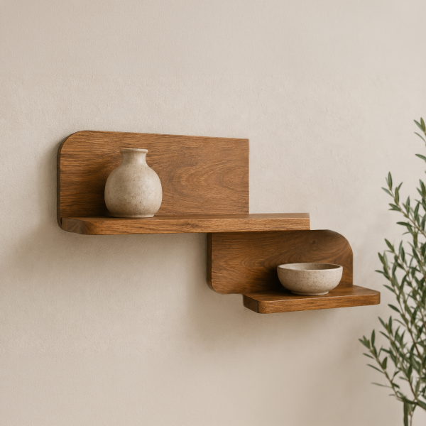 KL-2381S (2) The Attic Solid Wood Floating Wall Shelf Set of 3 for Living Room, Bedroom & Office | Wooden Wall Mounted Display Shelves for Plants, Books & Decor | Handcrafted Mango Wood, Light Teak Finish