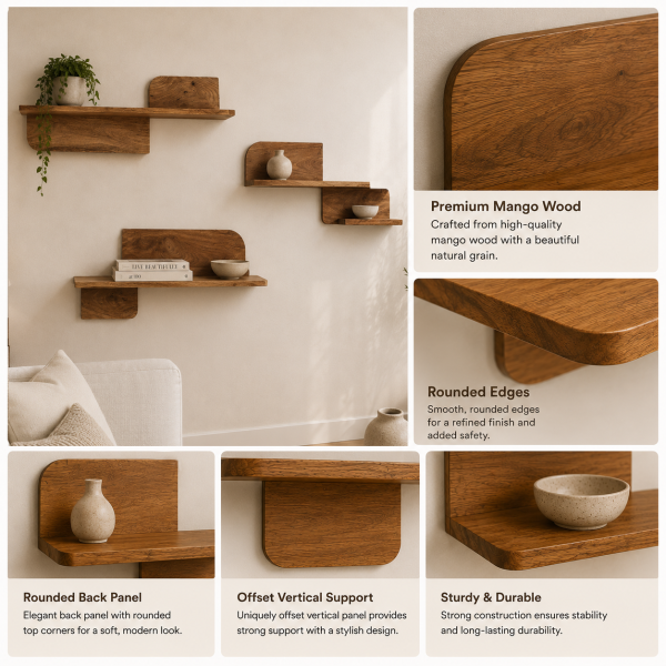 KL-2381S (3) The Attic Solid Wood Floating Wall Shelf Set of 3 for Living Room, Bedroom & Office | Wooden Wall Mounted Display Shelves for Plants, Books & Decor | Handcrafted Mango Wood, Light Teak Finish
