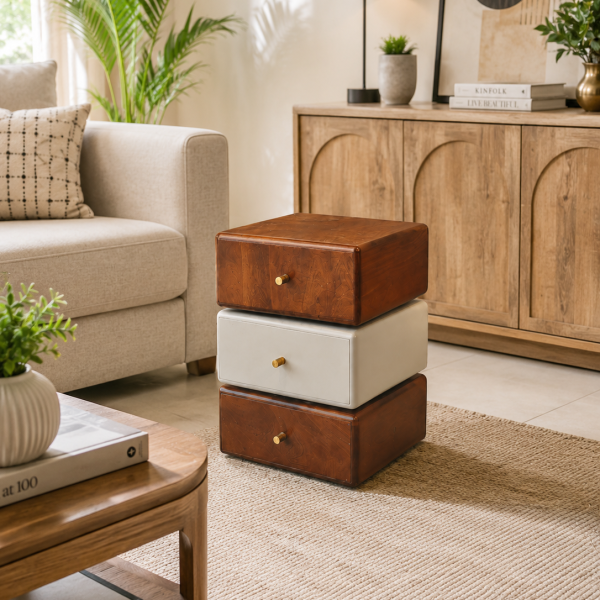 KL-2382 (1) The Attic Solid Wood Acko Nightstand with 3 Drawers | Wooden Bedside Table for Bedroom Storage | Handcrafted Mango Wood