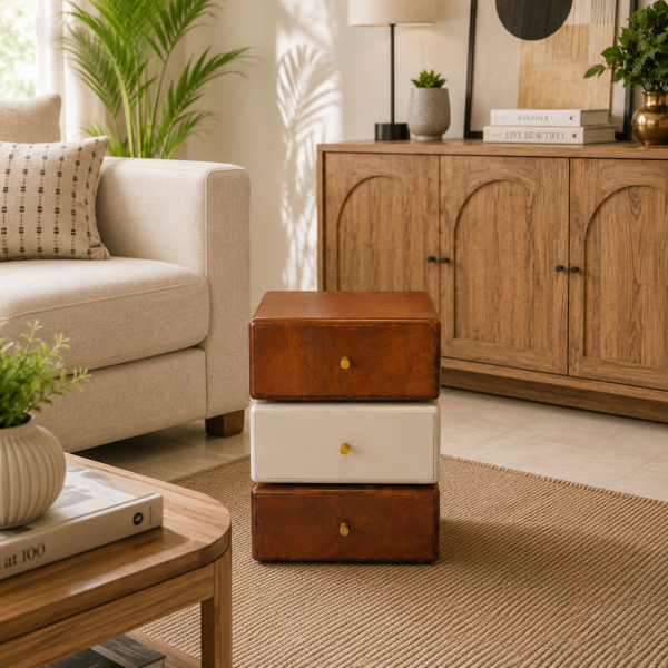 KL-2382 (4) The Attic Solid Wood Acko Nightstand with 3 Drawers | Wooden Bedside Table for Bedroom Storage | Handcrafted Mango Wood