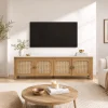 KL-2388SC (1) The Attic Crestwood Solid Wood TV Cabinet with Cane Doors, Sideboard Storage & Display Cabinet for Living Room & Dining Room, Handcrafted Wood, Light Teak Finish