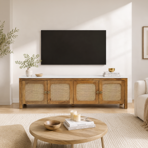 KL-2388SC (1) The Attic Crestwood Solid Wood TV Cabinet with Cane Doors, Sideboard Storage & Display Cabinet for Living Room & Dining Room, Handcrafted Wood, Light Teak Finish