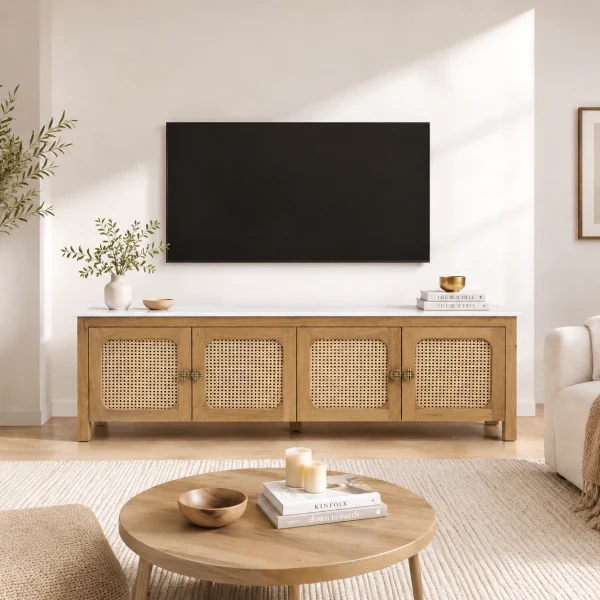 KL-2388SC (1) The Attic Crestwood Solid Wood TV Cabinet with Cane Doors, Sideboard Storage & Display Cabinet for Living Room & Dining Room, Handcrafted Wood, Light Teak Finish