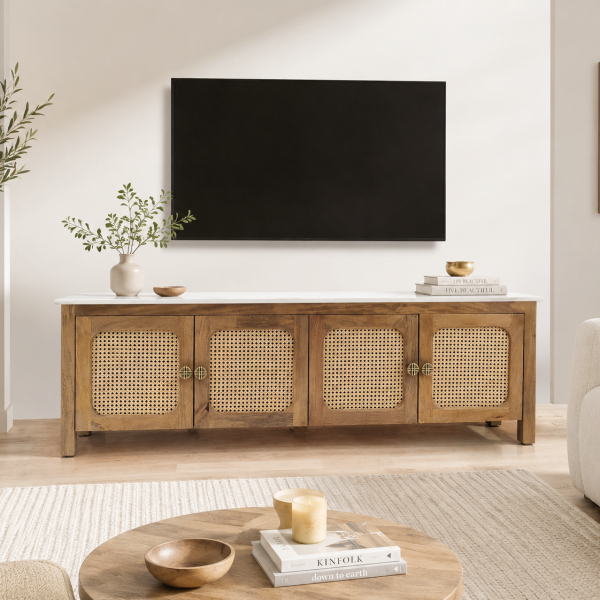 KL-2388SC (2) The Attic Crestwood Solid Wood TV Cabinet with Cane Doors, Sideboard Storage & Display Cabinet for Living Room & Dining Room, Handcrafted Wood, Light Teak Finish