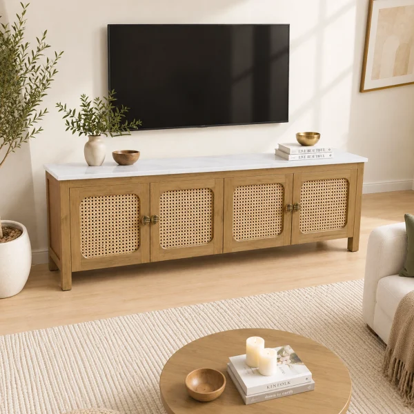 KL-2388SC (2) The Attic Crestwood Solid Wood TV Cabinet with Cane Doors, Sideboard Storage & Display Cabinet for Living Room & Dining Room, Handcrafted Wood, Light Teak Finish