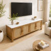KL-2388SC (4) The Attic Crestwood Solid Wood TV Cabinet with Cane Doors, Sideboard Storage & Display Cabinet for Living Room & Dining Room, Handcrafted Wood, Light Teak Finish