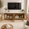 KL-2388SC (4) The Attic Crestwood Solid Wood TV Cabinet with Cane Doors, Sideboard Storage & Display Cabinet for Living Room & Dining Room, Handcrafted Wood, Light Teak Finish