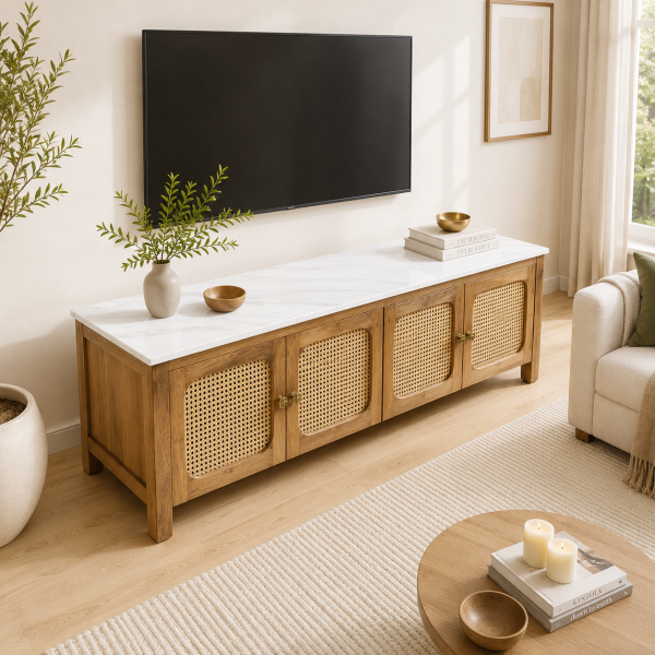 KL-2388SC (4) The Attic Crestwood Solid Wood TV Cabinet with Cane Doors, Sideboard Storage & Display Cabinet for Living Room & Dining Room, Handcrafted Wood, Light Teak Finish