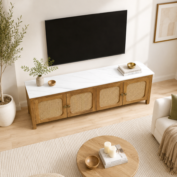 KL-2388SC (5) The Attic Crestwood Solid Wood TV Cabinet with Cane Doors, Sideboard Storage & Display Cabinet for Living Room & Dining Room, Handcrafted Wood, Light Teak Finish