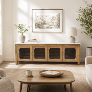 KL-2388SG (1) The Attic Crestwood Solid Wood TV Cabinet with Glass Doors, Sideboard Storage & Display Cabinet for Living Room & Dining Room, Handcrafted Wood, Light Teak Finish