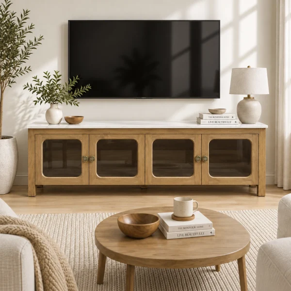 KL-2388SG (1) The Attic Crestwood Solid Wood TV Cabinet with Glass Doors, Sideboard Storage & Display Cabinet for Living Room & Dining Room, Handcrafted Wood, Light Teak Finish
