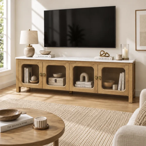 KL-2388SG (2) The Attic Crestwood Solid Wood TV Cabinet with Glass Doors, Sideboard Storage & Display Cabinet for Living Room & Dining Room, Handcrafted Wood, Light Teak Finish