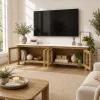 KL-2388SG (3) The Attic Crestwood Solid Wood TV Cabinet with Glass Doors, Sideboard Storage & Display Cabinet for Living Room & Dining Room, Handcrafted Wood, Light Teak Finish