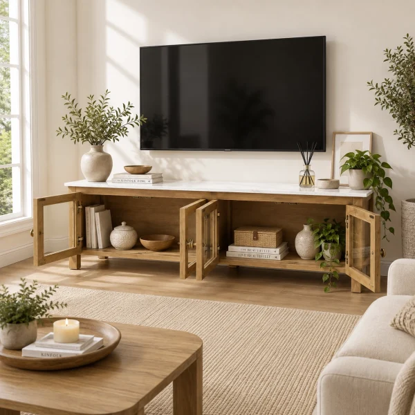 KL-2388SG (3) The Attic Crestwood Solid Wood TV Cabinet with Glass Doors, Sideboard Storage & Display Cabinet for Living Room & Dining Room, Handcrafted Wood, Light Teak Finish